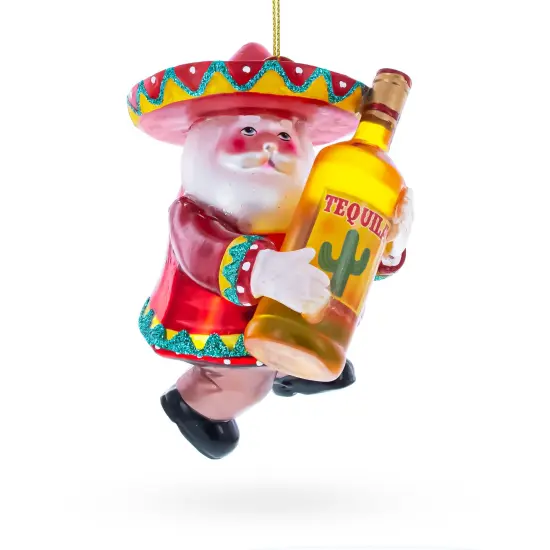 Santa Clutching Tequila Bottle Glass Christmas Ornament {1}
