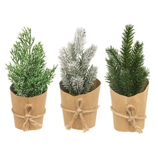 Faux Evergreen Mini Trees with Snow Frost and Jute Tie Rustic Paper Wrapped 3 Asstd. {1}