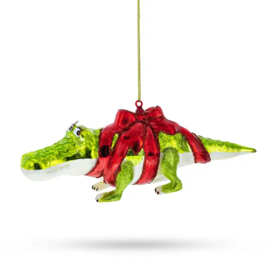 Alligator Adorned with Gift Ribbon Glass Christmas Ornament {3}