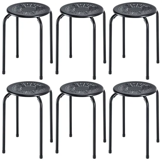 Set of 6 Stackable Multifunctional Daisy Design Backless Round Metal Stool Set Grey {8}