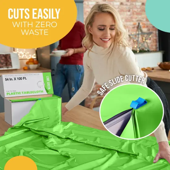 Exquisite Party Solids 54" x 100' Plastic Table Cover Roll with Slide Cutter &ndash; Cut-to-Size Dispenser Box &ndash; Makes Up to 36 Disposable 8' Rectangle Tablecloths Lime Green {5}