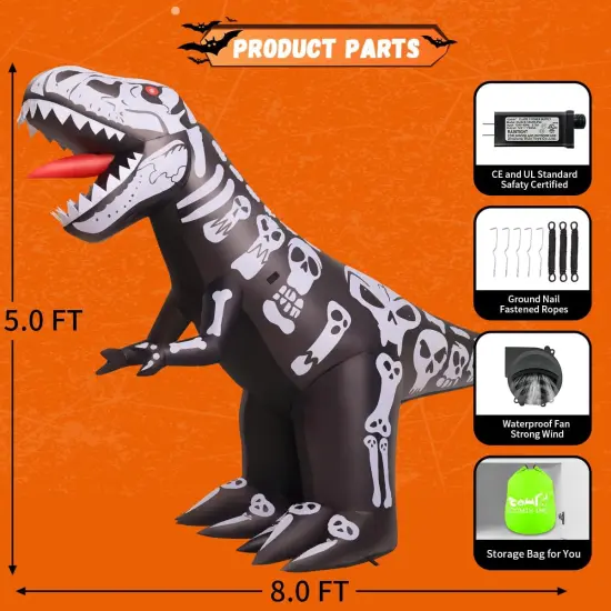 GOOSH 8 FT Long Halloween Inflatables Blow Up Dinosaur Skeleton with Built-in LEDs {6}