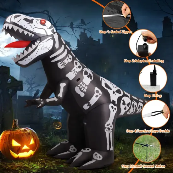 GOOSH 8 FT Long Halloween Inflatables Blow Up Dinosaur Skeleton with Built-in LEDs {4}