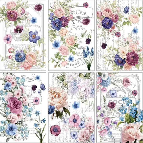 6 Sheets Retro Floral Word Rub on Transfers for Furniture Roses Plant Rub on Transfer Stickers Decals {1}