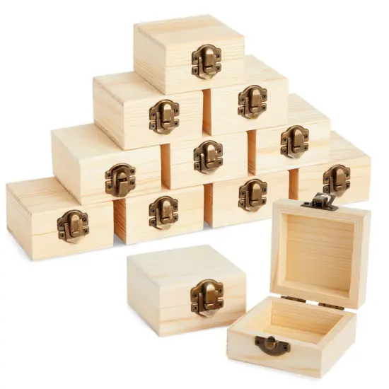 12 Pack of Small Unfinished Wooden Boxes for Crafts Supplies, Paintable Wood Treasure Chests for Jewelry and DIY Projects (2.7x2.7x1.6 in) Brown {1}