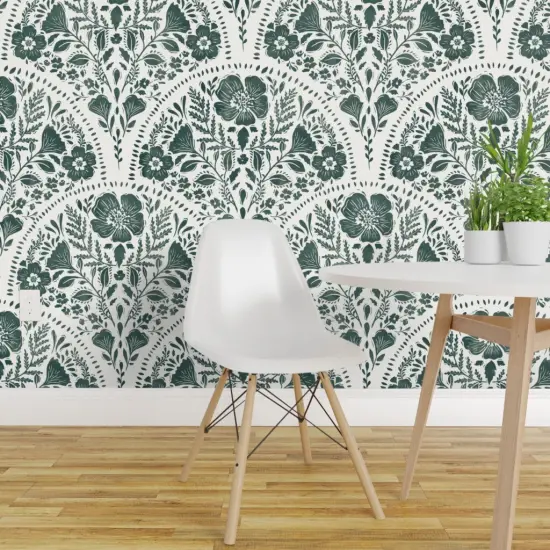 Peel & Stick Wallpaper 2FT Wide Dark Teal Floral Block Print Botanical Cottagecore Linocut Moody Scalloped Flowers Custom Removable Wallpaper by Spoonflower {1}