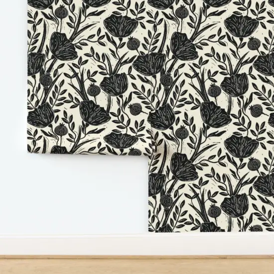 Pre-Pasted Wallpaper 2FT Wide Black Floral Retro Poppy Botanical Linocut Cottagecore Stamped Texture Custom Pre-pasted Wallpaper by Spoonflower {2}