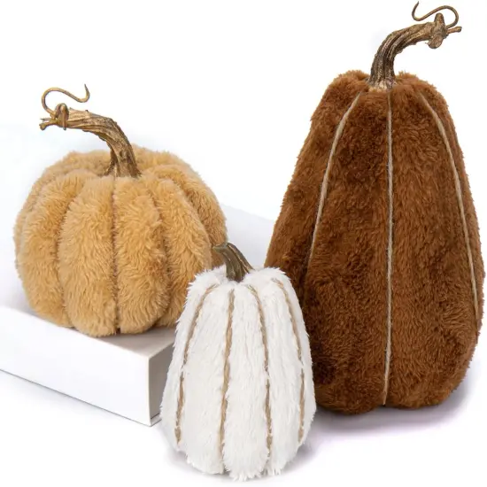 3 Pcs Assorted Faux Sherpa Pumpkins Small Fabric Pumpkins {1}
