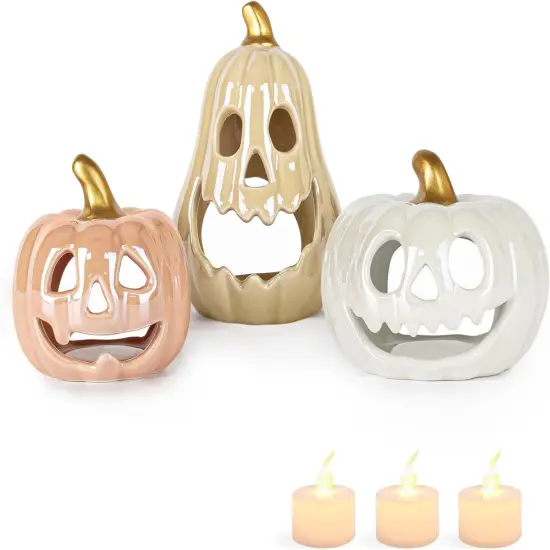 Set of 3 -Ceramic Pumpkin with 3 Tea Lights, Jack-O-Lantern Candle Holder {1}