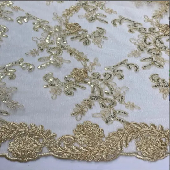 1 Yard Beige Corded Mesh Lace Fabric with Sequins Double Scalloped Embroidery, 54&rdquo; Wide {1}