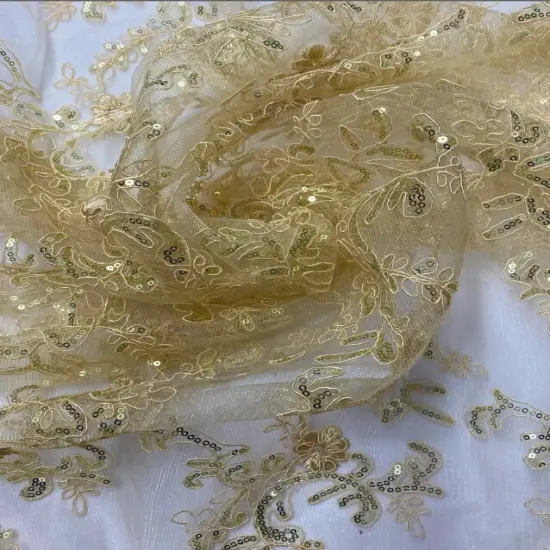 1 Yard Beige Corded Mesh Lace Fabric with Sequins Double Scalloped Embroidery, 54&rdquo; Wide {5}