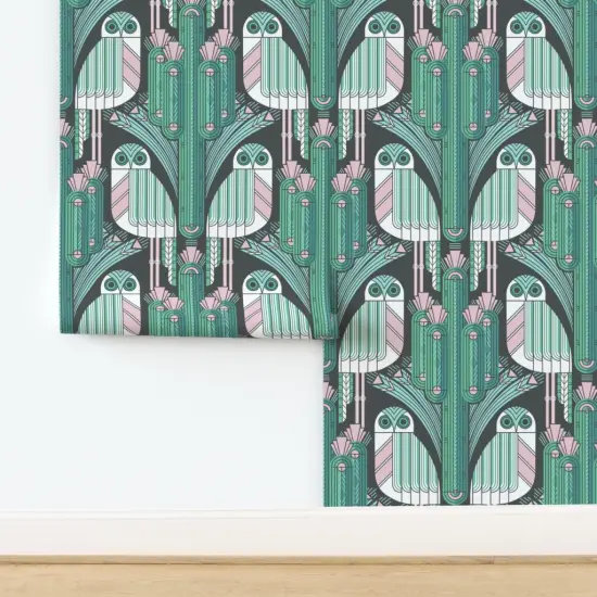 Pre-Pasted Wallpaper 2FT Wide Art Deco Owls Teal Pastel Pink Aqua Saguaro Cactus Desert Southwest Custom Pre-pasted Wallpaper by Spoonflower {2}