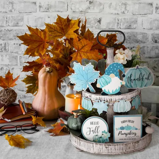 11 Pcs Fall Tiered Tray Decor Set Thanksgiving Pumpkin Decor (Blue,Abstract) {3}