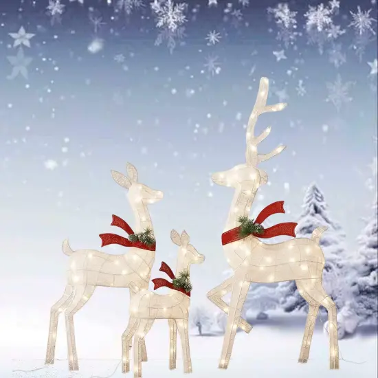 Luxurious White Cotton Thread Lighted Deer Family Set for Holiday Decor 60"+48"+32" {4}