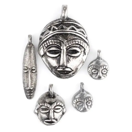 The Bead Chest 5 Pendant Bundle: African Silver Masks: Genuine West African Mask Design for DIY Jewelry & Necklaces {1}