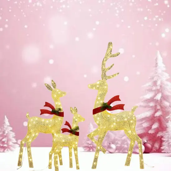 Elegant Lighted Deer Family Set with White Thread for Holiday Decor 60"+48"+32" {3}