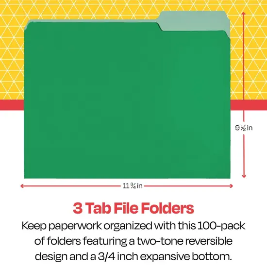 School Smart Colored File Folders, Two-Tone, Letter Size, 1/3 Cut Tabs, Green, Pack of 100 {6}