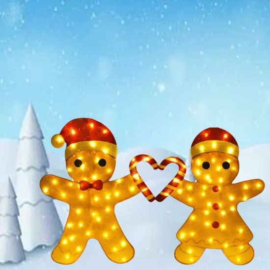 Whimsical Light Up Gingerbread Man Couple Holding a Heart-Shaped Candy Cane 32"H {1}