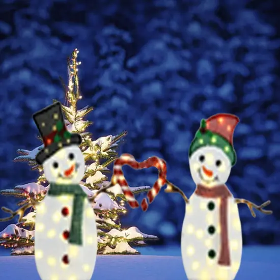 30" & 32" Lighted Heart Snowmen Set of Two Christmas Yard Figures {3}
