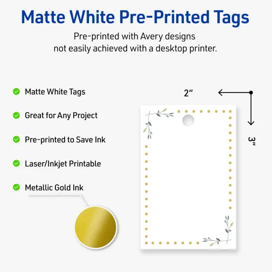 Avery Printable Rectangle Tags, Gold Dots with Green Florals, 2" x 3", Matte White Rectangle Tags, Laser/Inkjet, 80ct, Great for Product Tags {2}