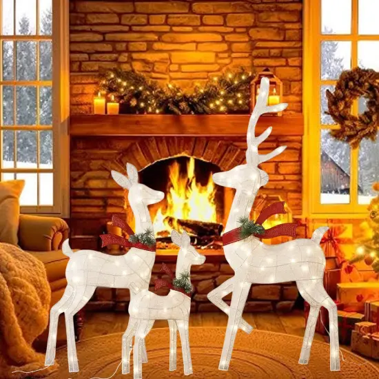 Dazzling White Cotton Thread Lighted Deer Family Set for Holiday Decor 60"+48"+32" {3}
