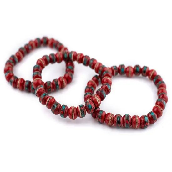 The Bead Chest Mala Stretch Bracelet, Red - Stackable Nepal Bone Inlaid with Turquoise & Coral Colors, 100% Authentic and Genuine {3}