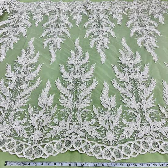 1 Yard Elegant White Beaded & Corded Embroidered Lace Fabric, 51" Wide, Bridal Fabrication for Gowns & D&eacute;cor Ivory {1}