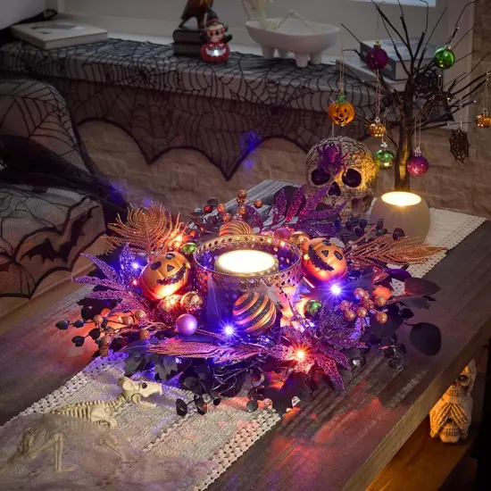 Pre-Lit Jack-o'-Lantern Pumpkin Wreath Halloween Decorations {2}