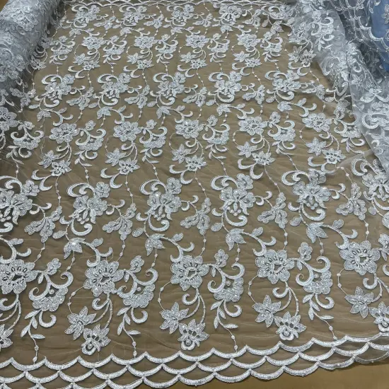 1 Yard Silver Beaded Corded Bridal Lace Fabric Embroidered Elegant Net Mesh Gown 52" Width {5}