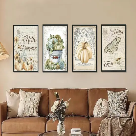 Hello Pumpkin Fall Wall Art Prints Set of 4 - Vintage Elegant Pumpkin {4}