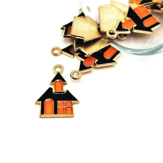 Black and Orange Enamel Haunted House Halloween Charms, 22x16mm {1}