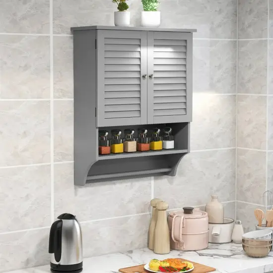 Wall-Mounted Bathroom Medicine Cabinet with Louver Doors and Towel Bar Grey {4}
