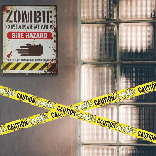 4E's Novelty Halloween Zombie Warning Signs with 20ft Caution Tape &ndash; 6 Pack 11x14 Creepy Posters for Indoor Outdoor Haunted House, Graveyard, Front Yard, Door, Wall, Garden, Balcony Party Decor {4}