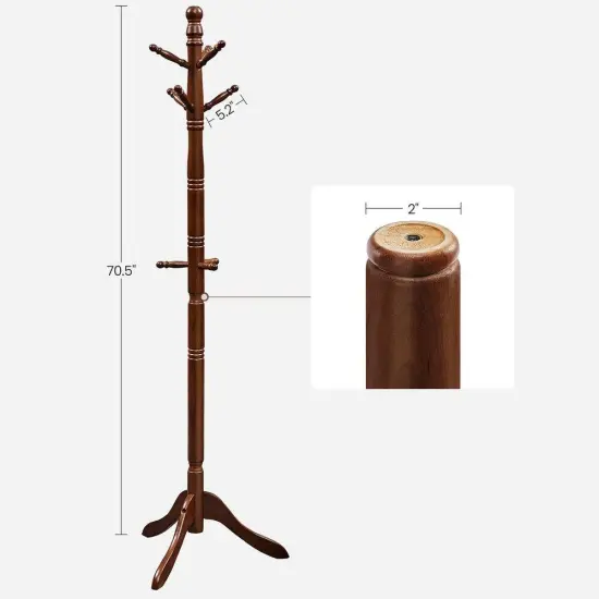 Adjustable Height Solid Wood Coat Rack Stand with 10 Hooks for Entryway Living Room and Office Dark Brown {3}