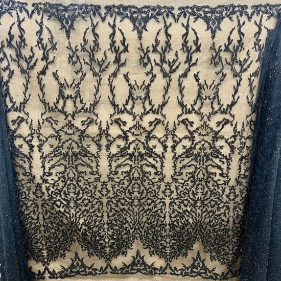 1 Yard Rose Gold Beaded Lace Fabric, Embroidered Polyester Mesh, 52" Wide Black {1}