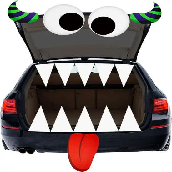 4E's Novelty Monster Trunk or Treat Car Decoration Kit &ndash; Huge Eye Monster Face with Teeth, Tongue, Horns, Waterproof PVC Outdoor Halloween Garage Door & Car SUV Decorations for Kids Party {1}