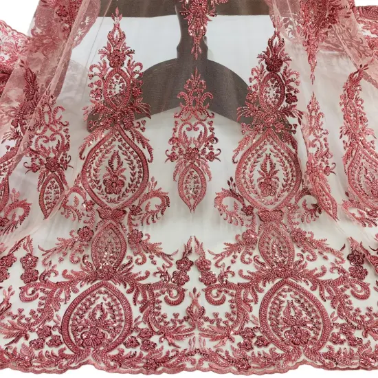 1 Yard Beaded Lace Fabric on 100% Polyester Net Mesh, Light Coral, Embroidered Lace, 48" Wide Lt. Coral {1}