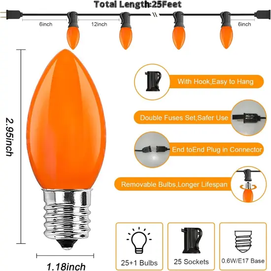 25FT Orange C9 LED Halloween Outdoor String Lights {2}