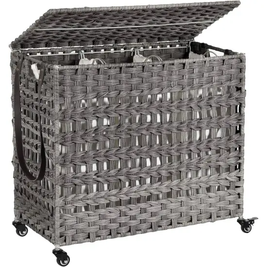 3-Basket Foldable Laundry Sorter Cart with Removable Bags and Locking Wheels for Home Tan {8}
