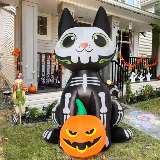5 FT Halloween Inflatables - Skeleton Cat with Pumpkin Built-in LEDs {4}