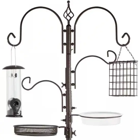 89" Metal Bird Feeder Station with Hanging Hooks and Water Bowl Seed Tray 4 Feeder Options Black {6}