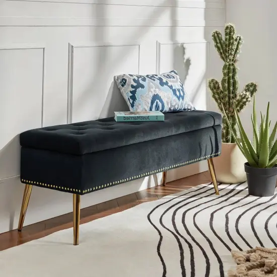 Upholstered Velvet Storage Bench with Tufted Seat and Gold Metal Legs Black {4}
