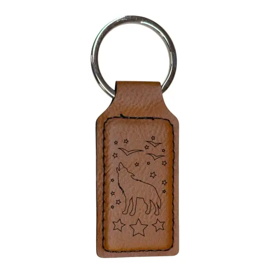 Keychain - Rectangle - Howling Wolf - Leather Rustic/Gold {4}
