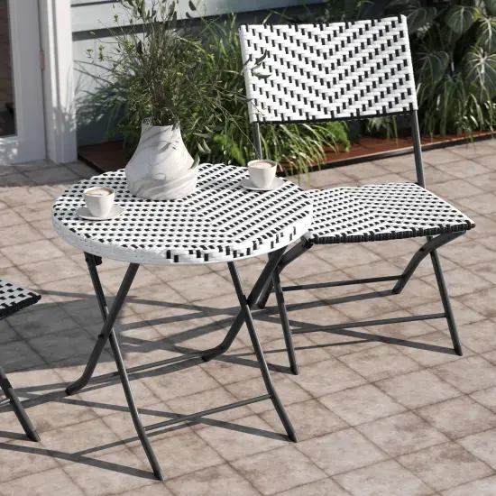 Emma and Oliver Ciel Three Piece Folding Bistro Set in PE Rattan with Metal Frames for Indoor and Outdoor Use Black & White {3}
