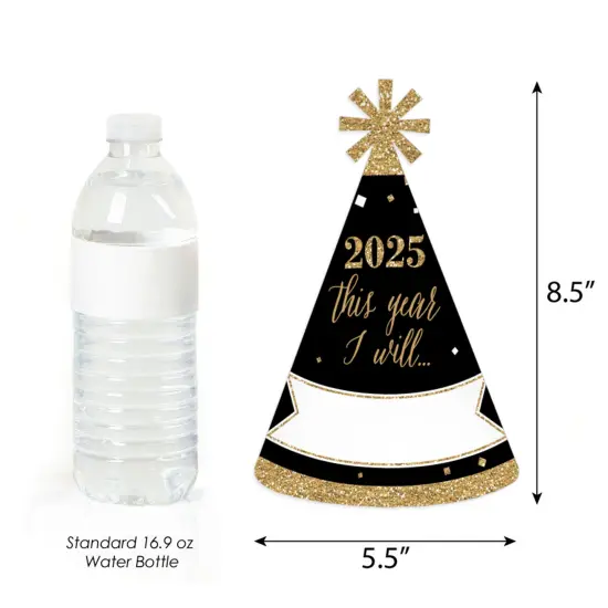 Big Dot of Happiness New Year's Eve - Gold - 2025 Cone New Years Eve Resolution Party Hats for Adults - Set of 8 (Standard Size) {7}