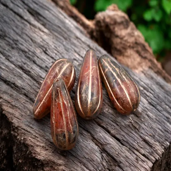 *6* 22x11mm Copper Washed Crimson Amber Picasso Melon Drop Beads {1}
