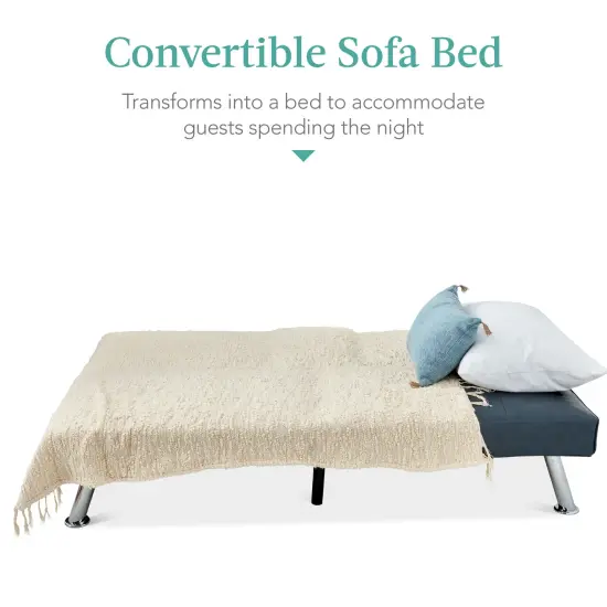 Best Choice Products Modern Faux Leather Convertible Futon Sofa w/ Removable Armrests, 2 Cupholders Blue {4}