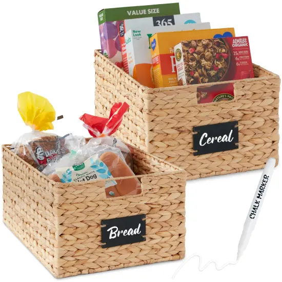 Best Choice Products Set of 2 16in Woven Water Hyacinth Pantry Baskets w/ Chalkboard Label, Chalk Marker Natural {1}