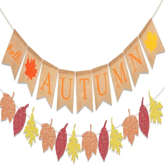 2pcs-Jute Burlap Hello Autumn Maple Leaf Banner, Fall Party Supplies Buntting {1}