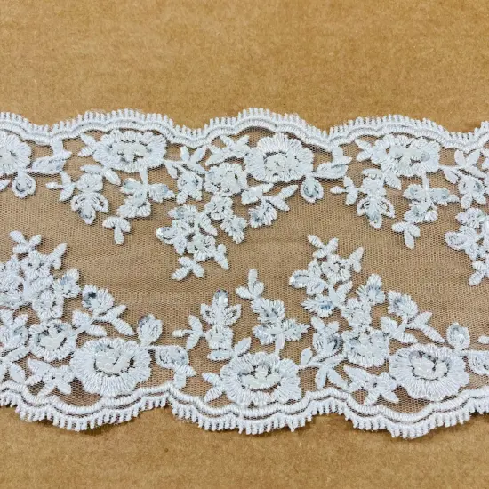 1 Yard Beaded Double-Sided Lace Trimming on 100% Polyester Net Mesh, Elegant Embroidered Design White {1}